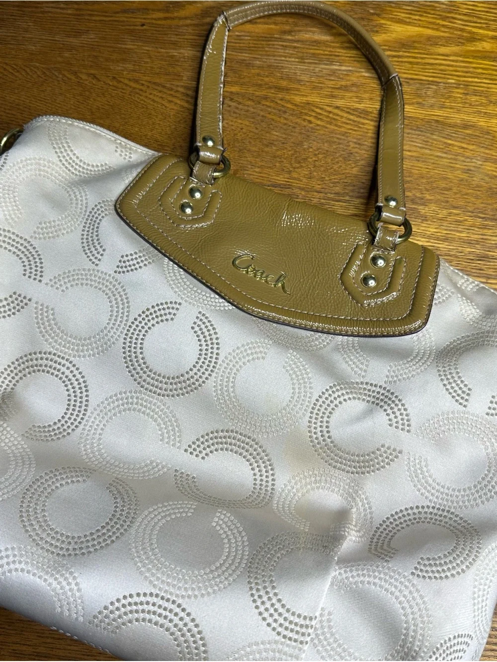 Coach Ivory Signature Tote with Tan Leather Trim